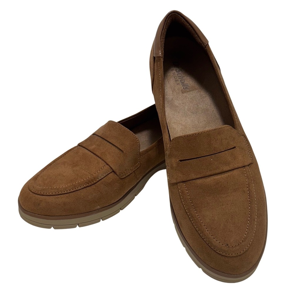 Dr Scholls Womens Cognac Brown Faux Suede Penny‎ Loafers Lug Sole Flats Size 8.5